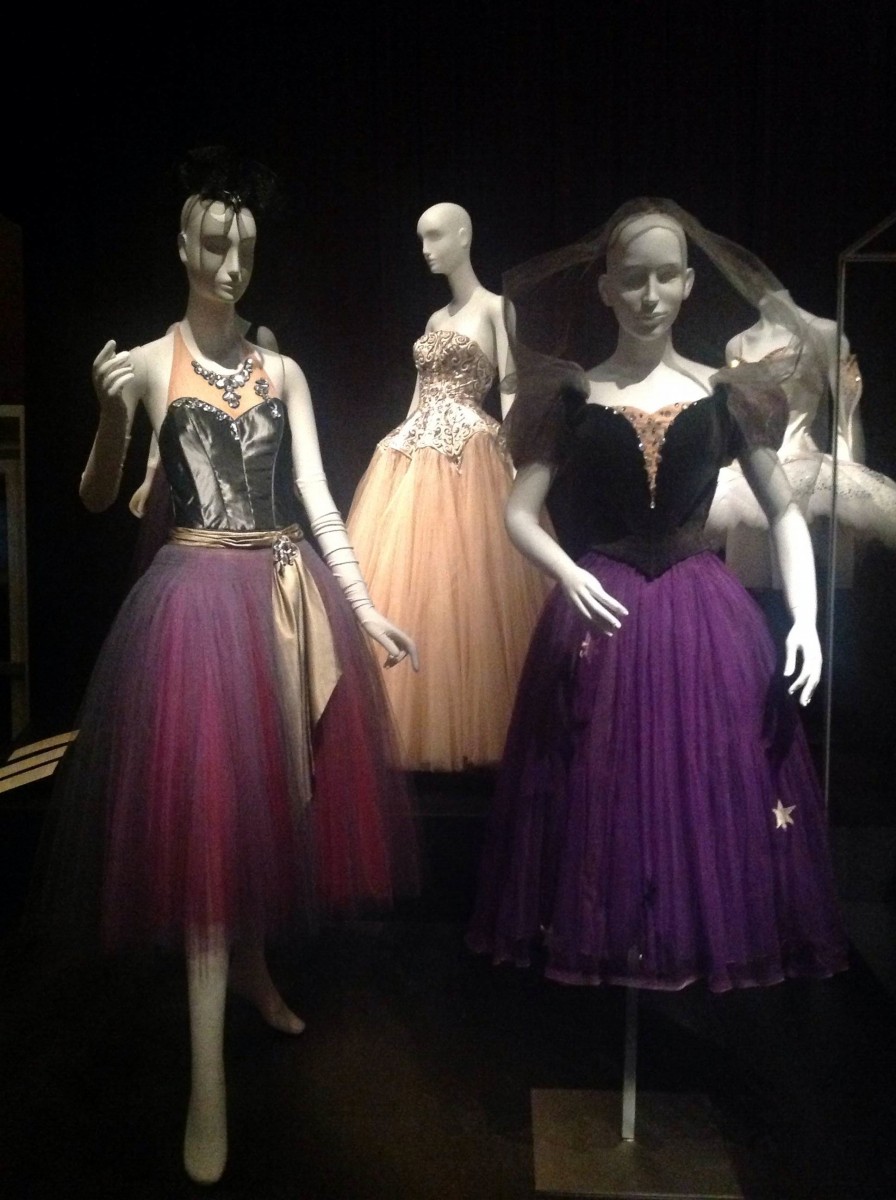 La Valse Costume by Karinska (left), A dress with a jeweled bodice by Balenciaga (center back), Christian Berard (right)